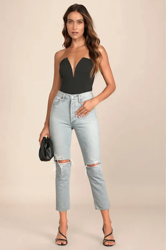 Babe Alert Black Notched Strapless Bodysuit sold by Lulus