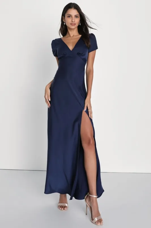 Epitome of Romance Navy Blue Satin Puff Sleeve Maxi Dress sold by Lulus