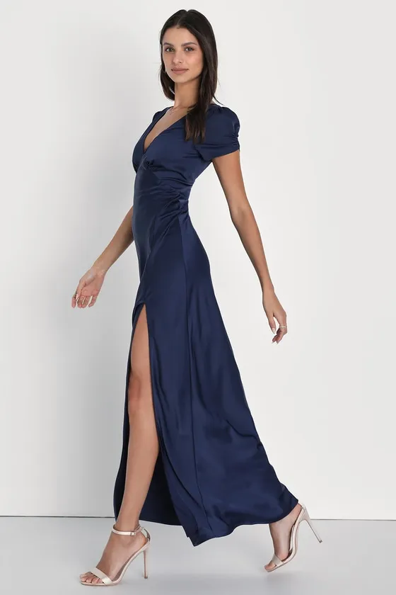 Epitome of Romance Navy Blue Satin Puff Sleeve Maxi Dress sold by Lulus product image thumbnail 2