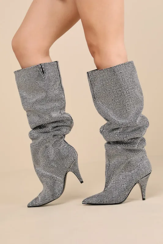 Bellamie-R Black Rhinestone Pointed-Toe Knee-High Boots sold by Lulus