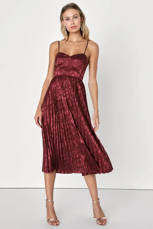 Chic Sensibility Burgundy Satin Jacquard Pleated Midi Dress sold by Lulus
