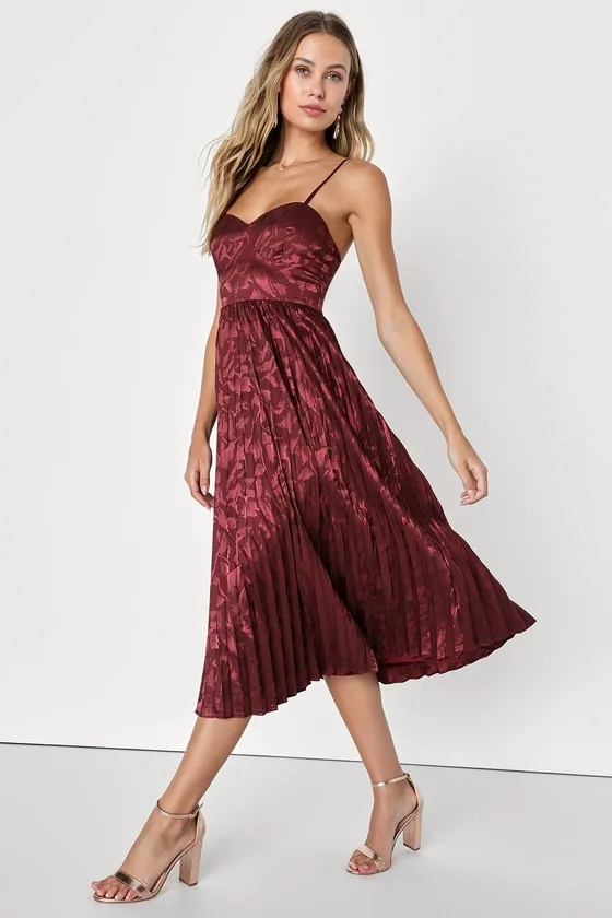 Chic Sensibility Burgundy Satin Jacquard Pleated Midi Dress sold by Lulus product image thumbnail 3