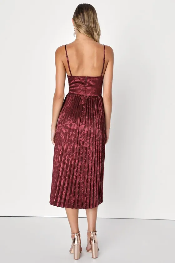 Chic Sensibility Burgundy Satin Jacquard Pleated Midi Dress sold by Lulus product image thumbnail 4