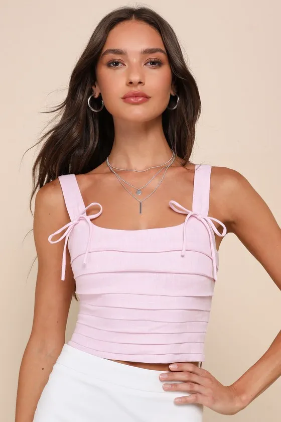 Trendsetting Essence Pink Linen Pleated Cropped Lace-Up Top sold by Lulus