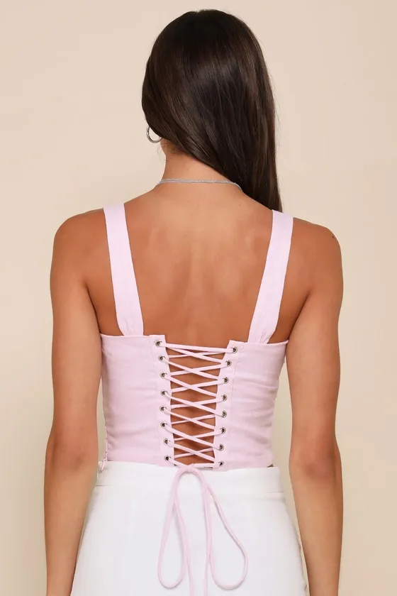 Trendsetting Essence Pink Linen Pleated Cropped Lace-Up Top sold by Lulus product image thumbnail 2