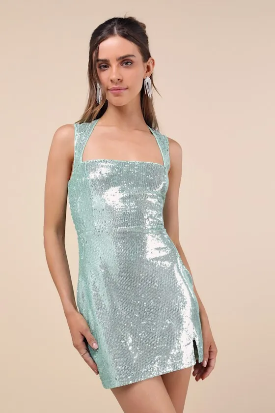 Shimmering Confidence Shiny Mint Green Sequin Cutout Mini Dress sold by Lulus