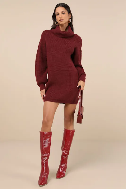 Casual Coziness Burgundy Waffle Knit Cowl Neck Sweater Dress sold by Lulus