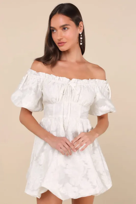 Adorable Crush Ivory Jacquard Off-the-Shoulder Mini Dress sold by Lulus