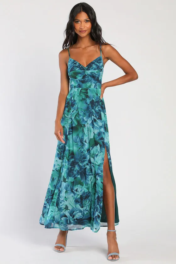 Beautiful Soul Teal Green Floral Print Twist-Front Maxi Dress sold by Lulus