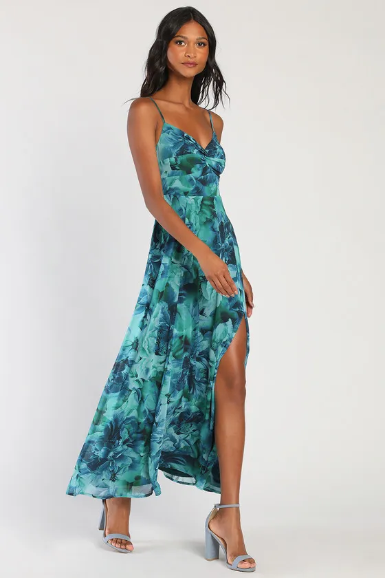 Beautiful Soul Teal Green Floral Print Twist-Front Maxi Dress sold by Lulus product image thumbnail 3