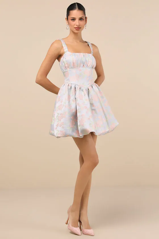 Sweet Charm Light Blue Jacquard Bubble-Hem Mini Dress sold by Lulus product image thumbnail 3