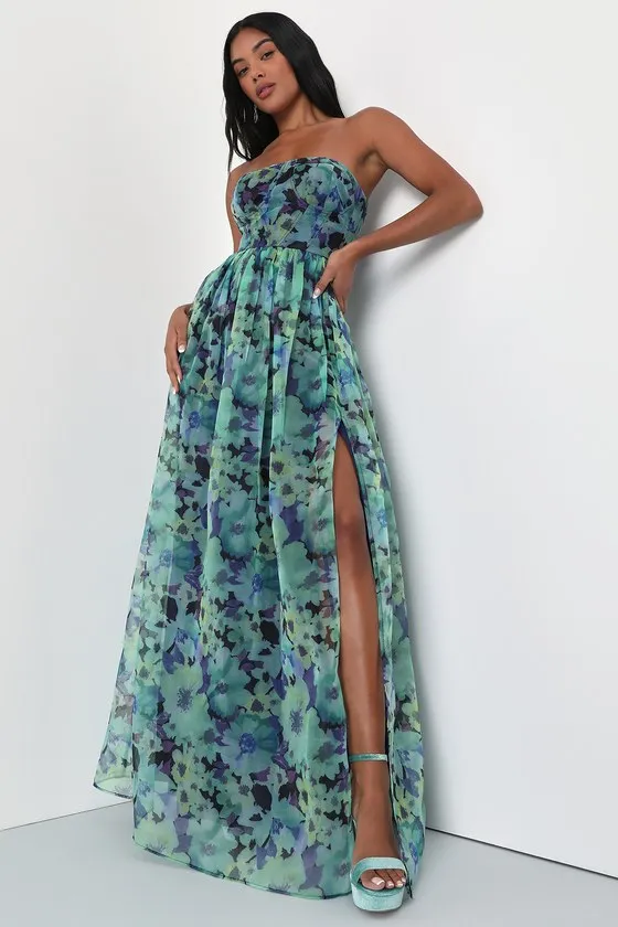 Wonderful Waltz Green Floral Print Strapless Bustier Maxi Dress sold by Lulus