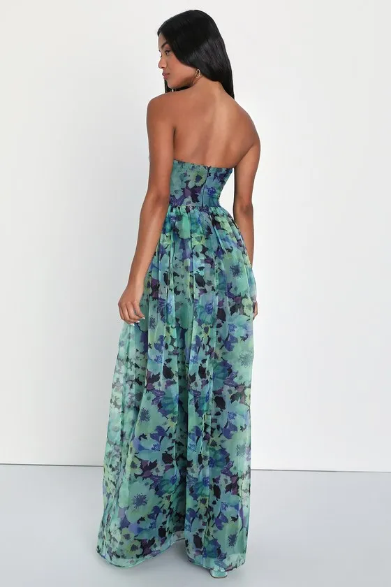 Wonderful Waltz Green Floral Print Strapless Bustier Maxi Dress sold by Lulus product image thumbnail 3