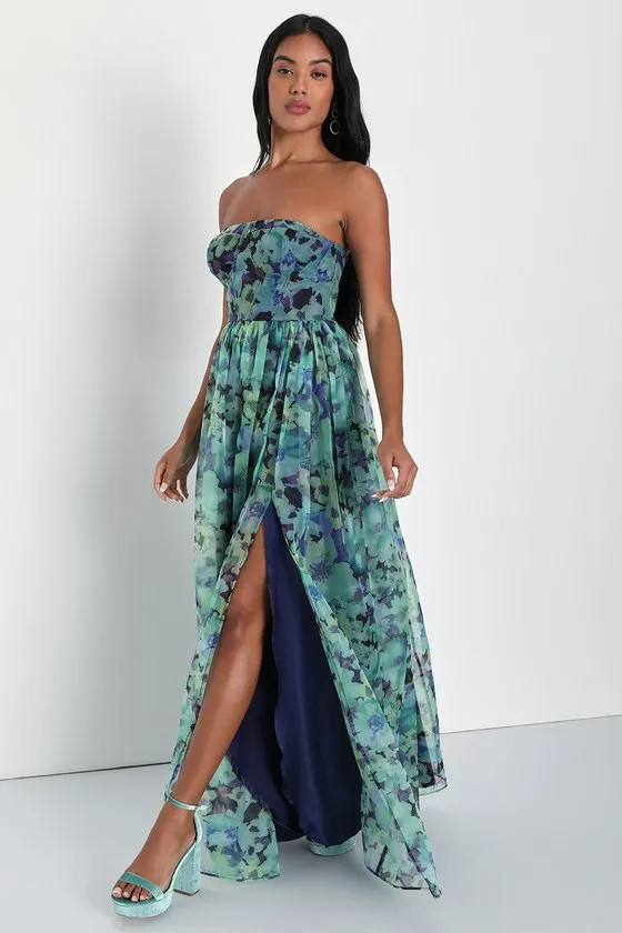 Wonderful Waltz Green Floral Print Strapless Bustier Maxi Dress sold by Lulus product image thumbnail 4