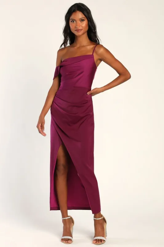 Showing Off a Little Magenta Asymmetrical Tulip Midi Dress sold by Lulus
