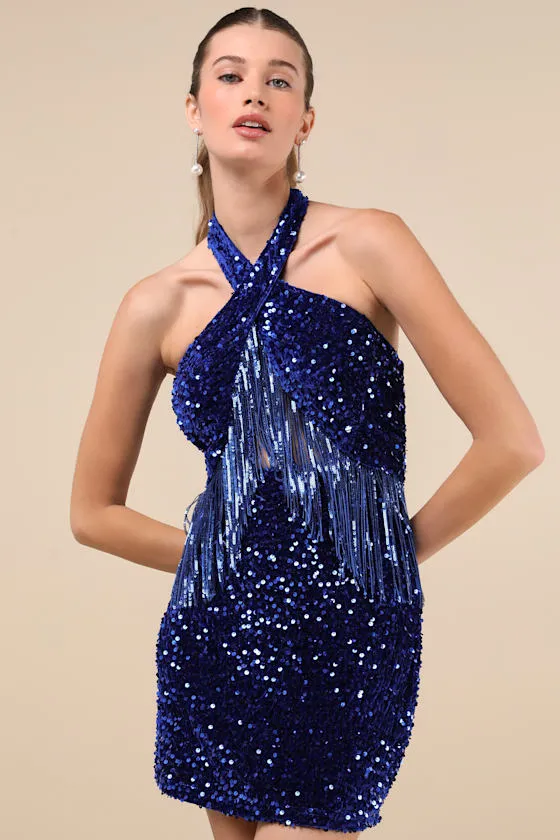 Elevated Dazzle Blue Velvet Sequin Fringe Halter Mini Dress sold by Lulus product image thumbnail 3