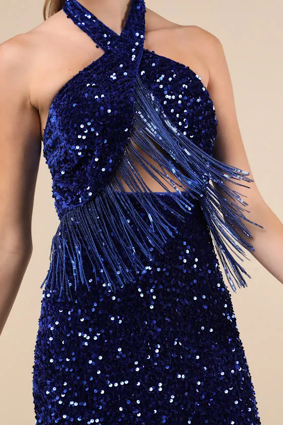 Elevated Dazzle Blue Velvet Sequin Fringe Halter Mini Dress sold by Lulus product image thumbnail 4