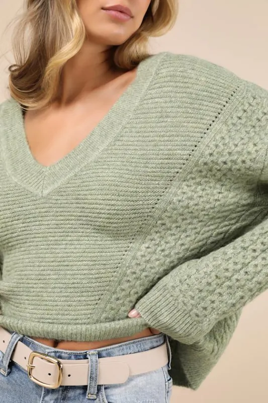 Comfy Instinct Sage Green Cable Knit Pullover Sweater sold by Lulus