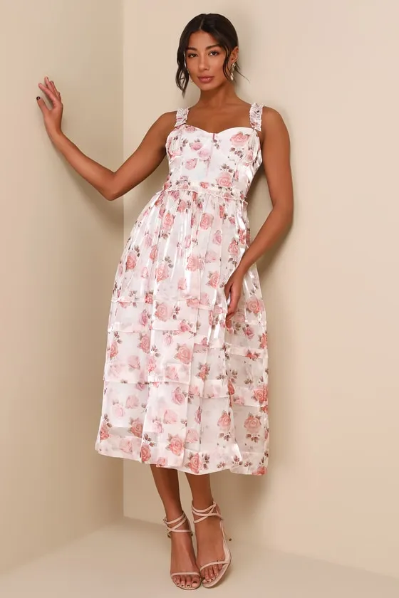 Sincerely Enchanting Ivory Floral Print Organza Midi Dress sold by Lulus