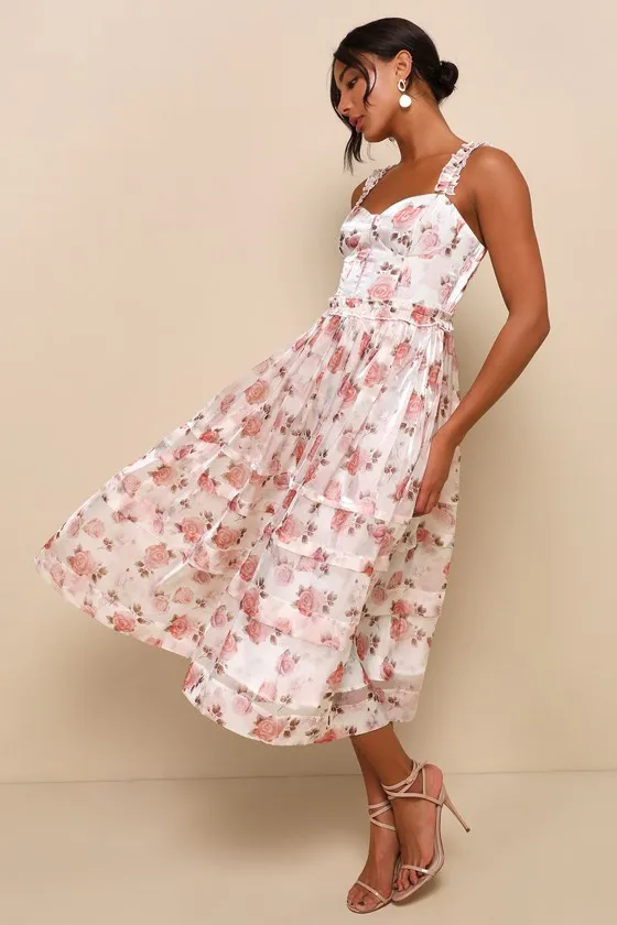 Sincerely Enchanting Ivory Floral Print Organza Midi Dress sold by Lulus product image thumbnail 2