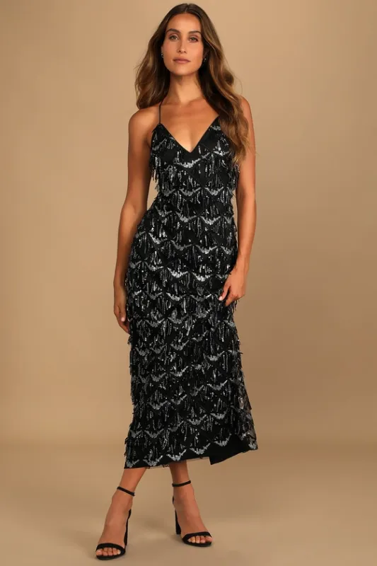 Marvelous Moment Black Sequin Fringe Maxi Dress sold by Lulus