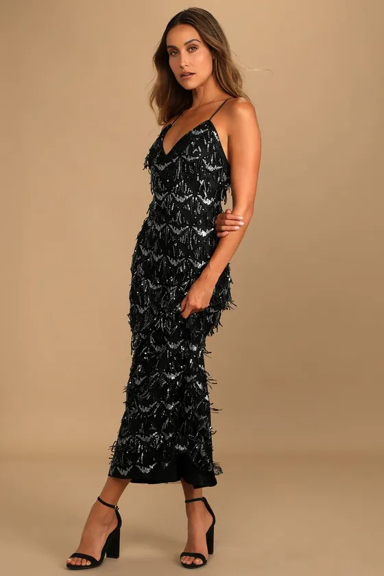 Marvelous Moment Black Sequin Fringe Maxi Dress sold by Lulus product image thumbnail 2