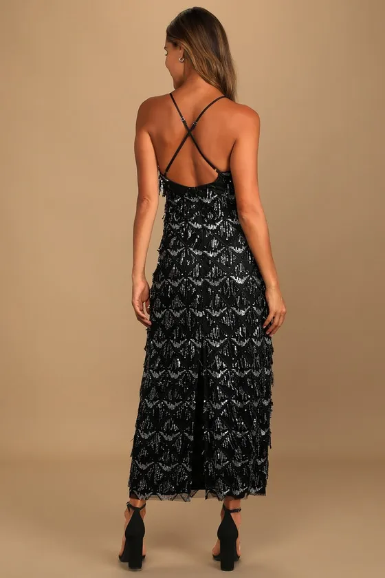 Marvelous Moment Black Sequin Fringe Maxi Dress sold by Lulus product image thumbnail 3