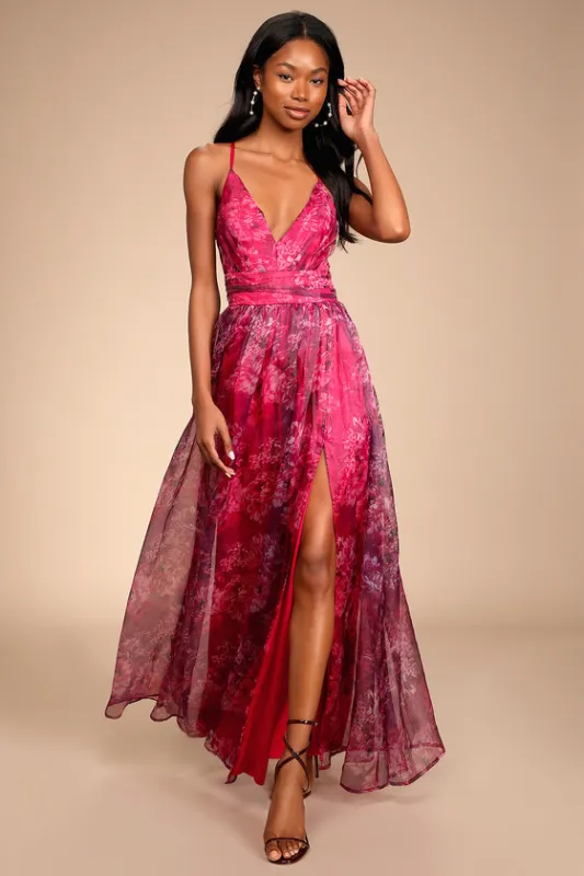 Romance That Wows Magenta Floral Print Organza Maxi Dress sold by Lulus