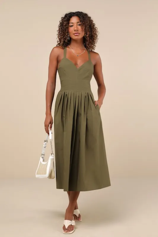 Strolling Sicily Olive Pleated Backless Midi Dress With Pockets sold by Lulus