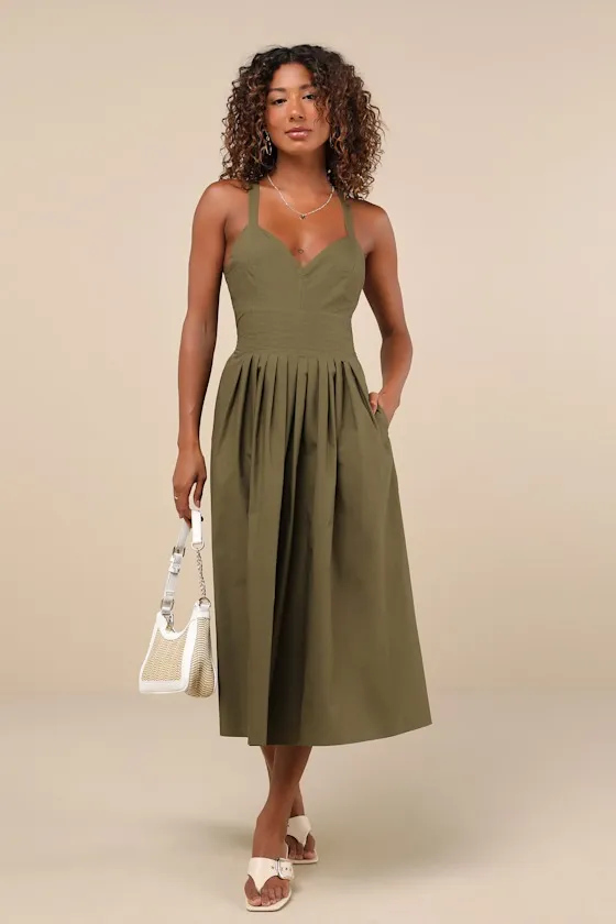 Strolling Sicily Olive Pleated Backless Midi Dress With Pockets sold by Lulus