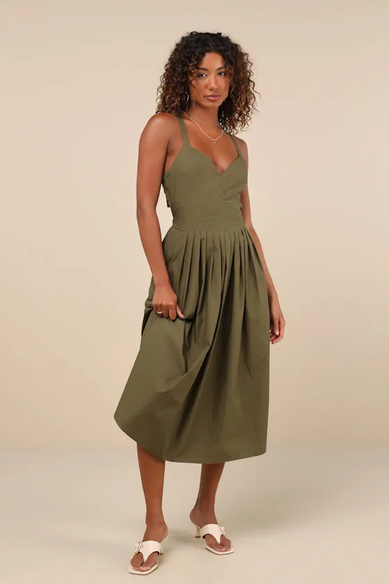 Strolling Sicily Olive Pleated Backless Midi Dress With Pockets sold by Lulus product image thumbnail 2