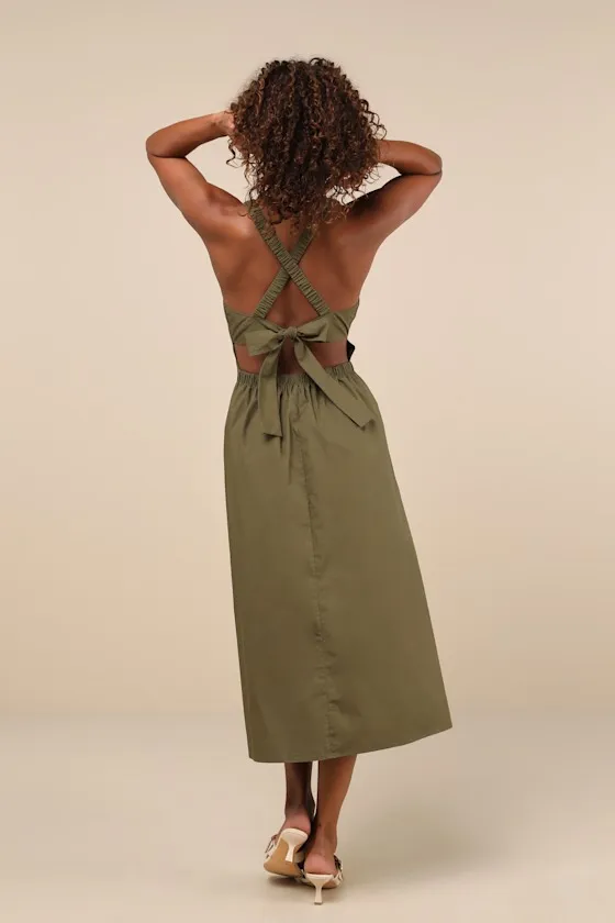 Strolling Sicily Olive Pleated Backless Midi Dress With Pockets sold by Lulus product image thumbnail 3