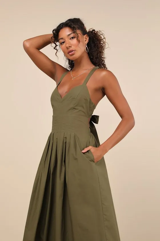 Strolling Sicily Olive Pleated Backless Midi Dress With Pockets sold by Lulus product image thumbnail 4