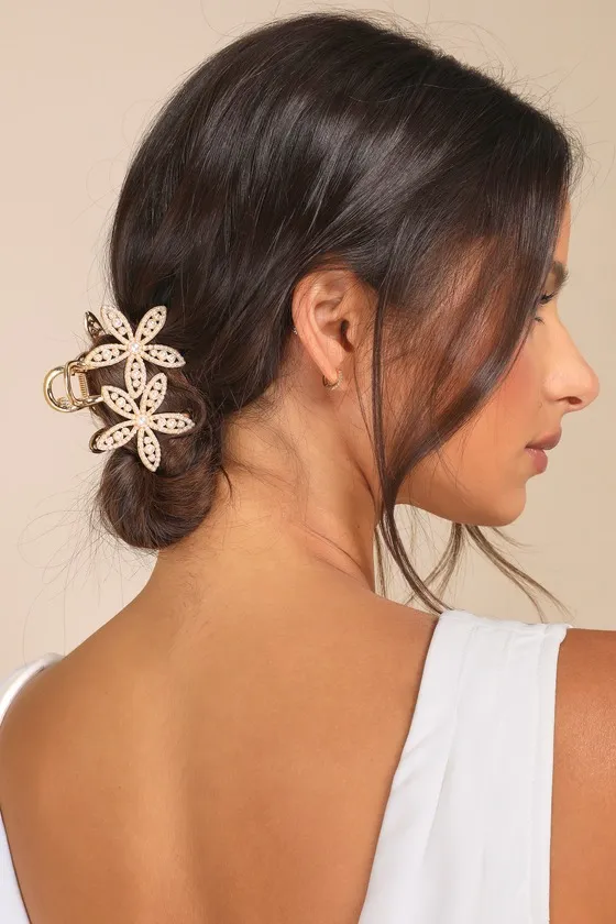 Completely Blossoming Gold Rhinestone Pearl Flower Hair Clip Set sold by Lulus