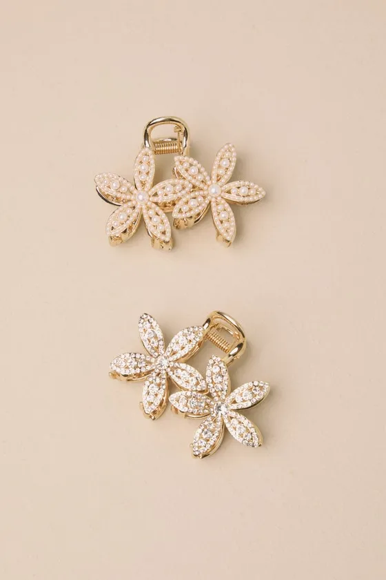 Completely Blossoming Gold Rhinestone Pearl Flower Hair Clip Set sold by Lulus product image thumbnail 2