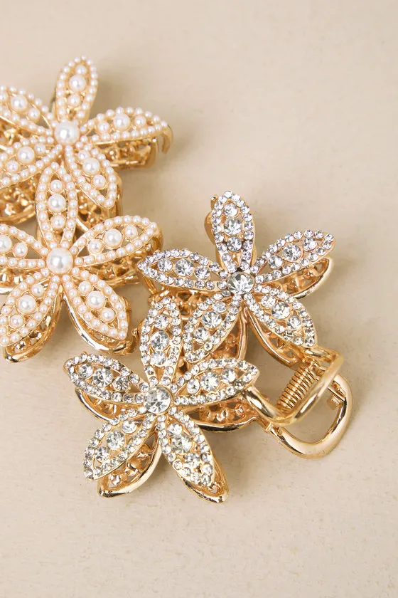 Completely Blossoming Gold Rhinestone Pearl Flower Hair Clip Set sold by Lulus product image thumbnail 3