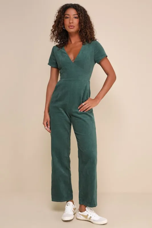Absolute Cutest Dark Green Corduroy Short Sleeve Jumpsuit sold by Lulus