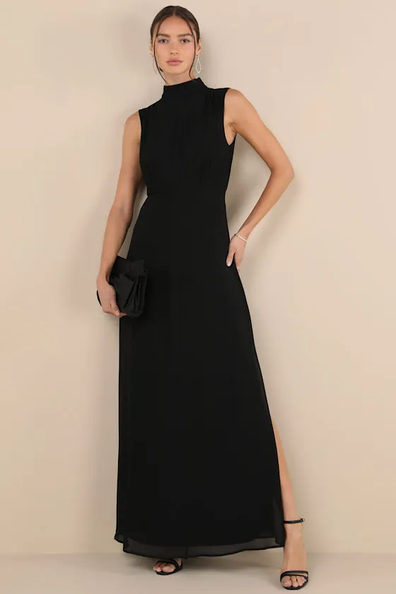 Classic Elegance Black Chiffon Sleeveless Mock Neck Maxi Dress sold by Lulus