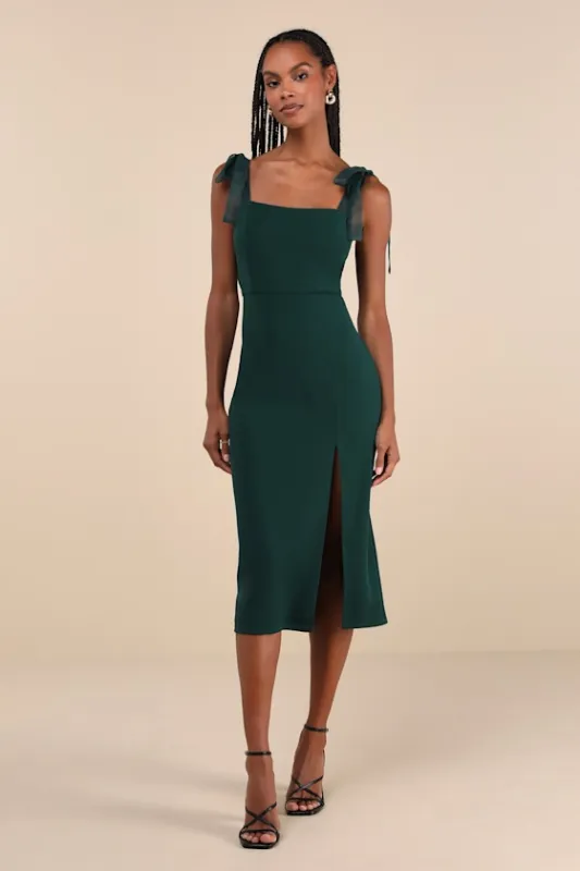 Romantic Celebration Emerald Green Tie-Strap Bodycon Midi Dress sold by Lulus