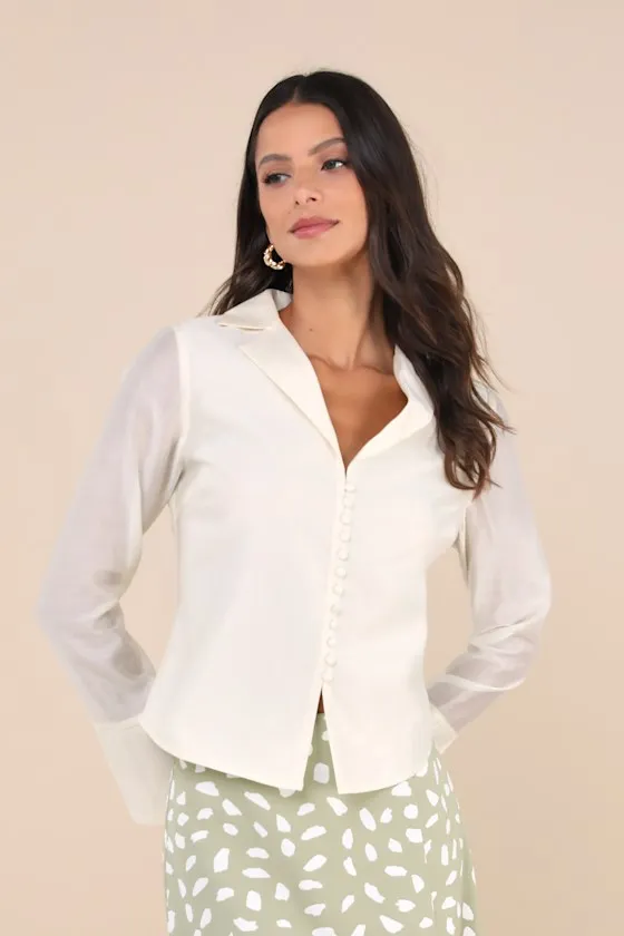 Poised Essence Ivory Collared Button-Up Long Sleeve Top sold by Lulus