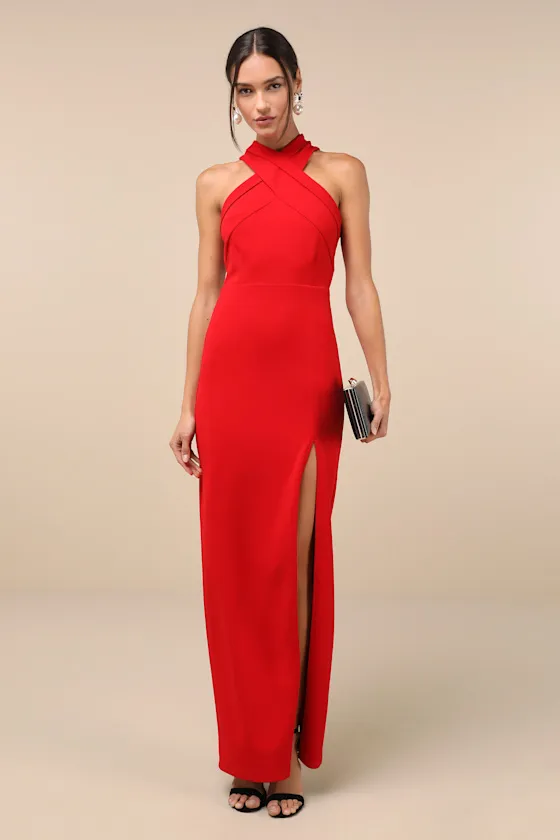Head to Cocktail Hour Red Halter Neck Maxi Dress sold by Lulus