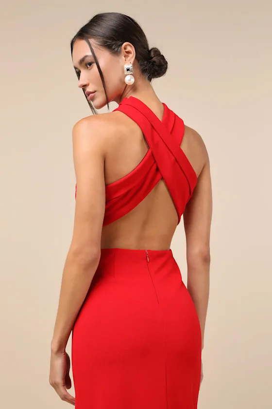 Head to Cocktail Hour Red Halter Neck Maxi Dress sold by Lulus product image thumbnail 4