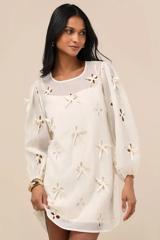 Aamira Cream Embroidered Bow Blouson Sleeve Shift Mini Dress made by Lulus