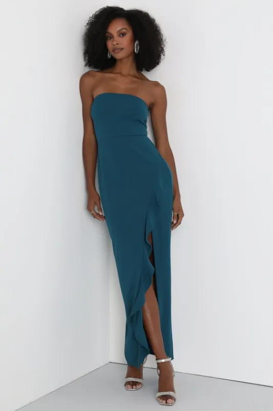 After Hours Teal Strapless Ruffled Maxi Dress made by Lulus