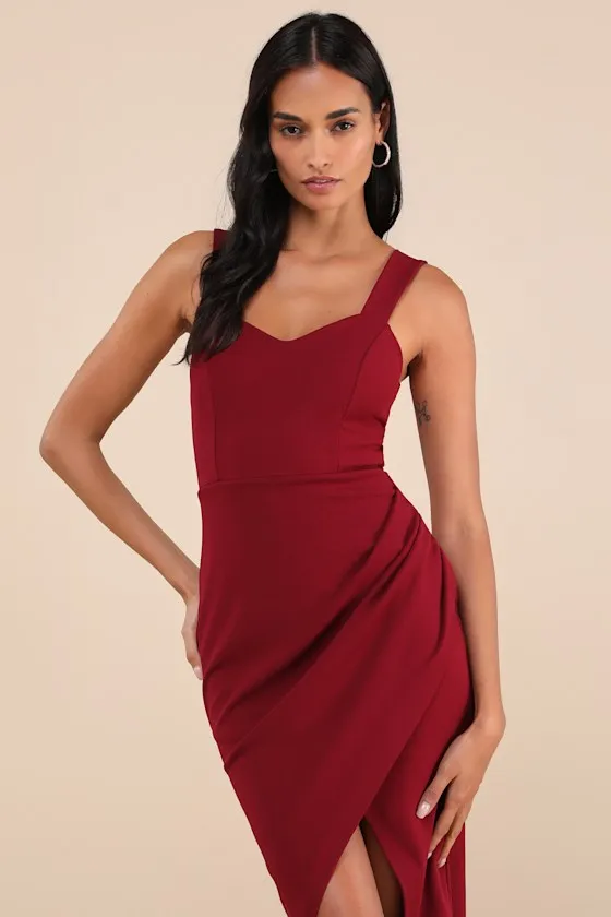 Always Beautiful Burgundy Sleeveless Tulip Midi Dress sold by Lulus