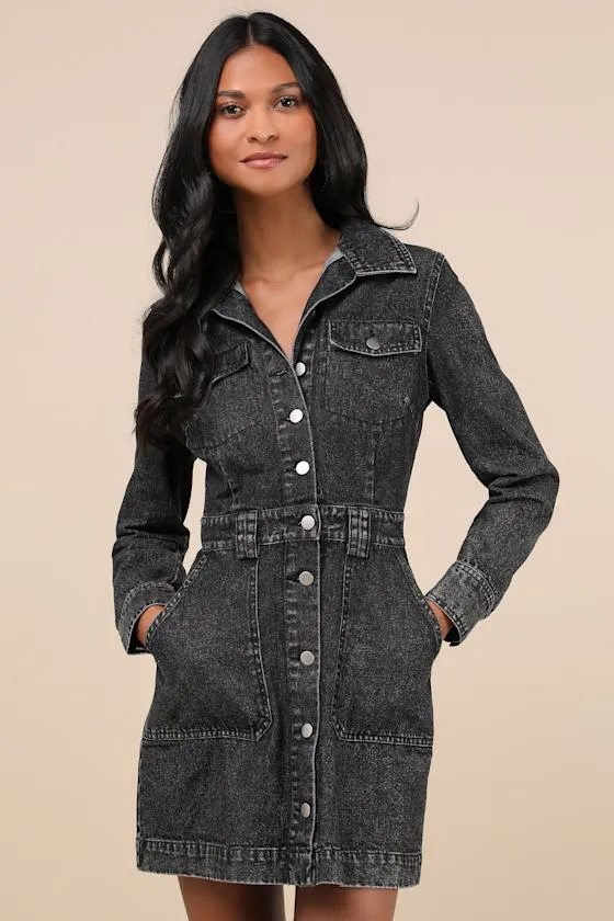 Notoriously Cool Washed Black Long Sleeve Denim Mini Dress sold by Lulus