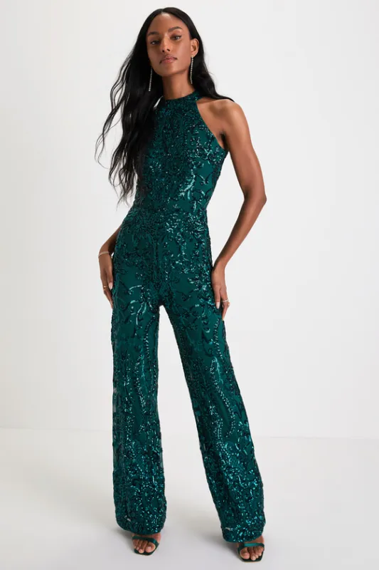 Exceptional Glam Emerald Green Sequin Wide-Leg Halter Jumpsuit sold by Lulus