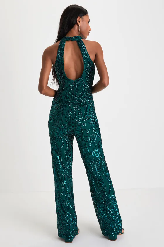 Exceptional Glam Emerald Green Sequin Wide-Leg Halter Jumpsuit sold by Lulus product image thumbnail 2