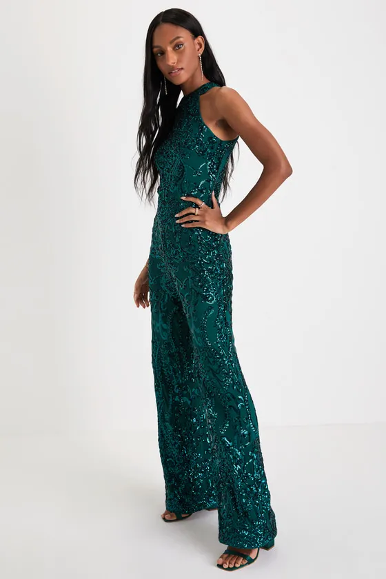 Exceptional Glam Emerald Green Sequin Wide-Leg Halter Jumpsuit sold by Lulus product image thumbnail 3