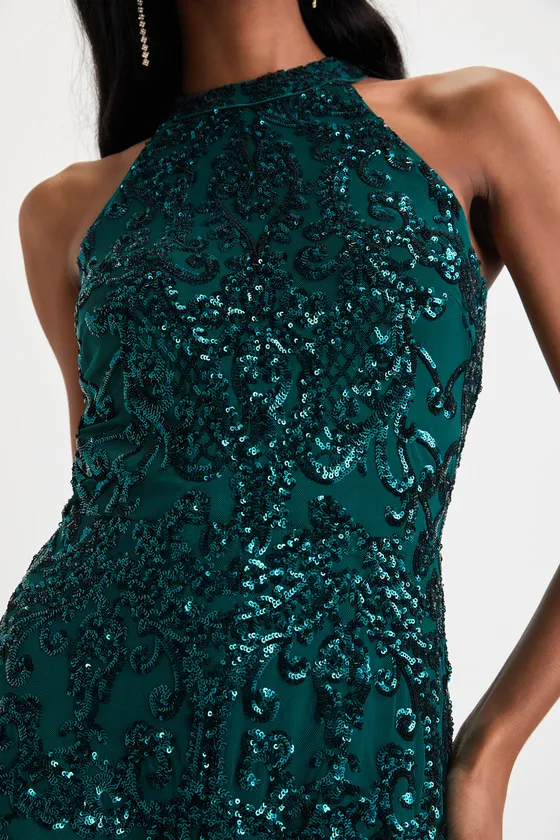 Exceptional Glam Emerald Green Sequin Wide-Leg Halter Jumpsuit sold by Lulus product image thumbnail 4